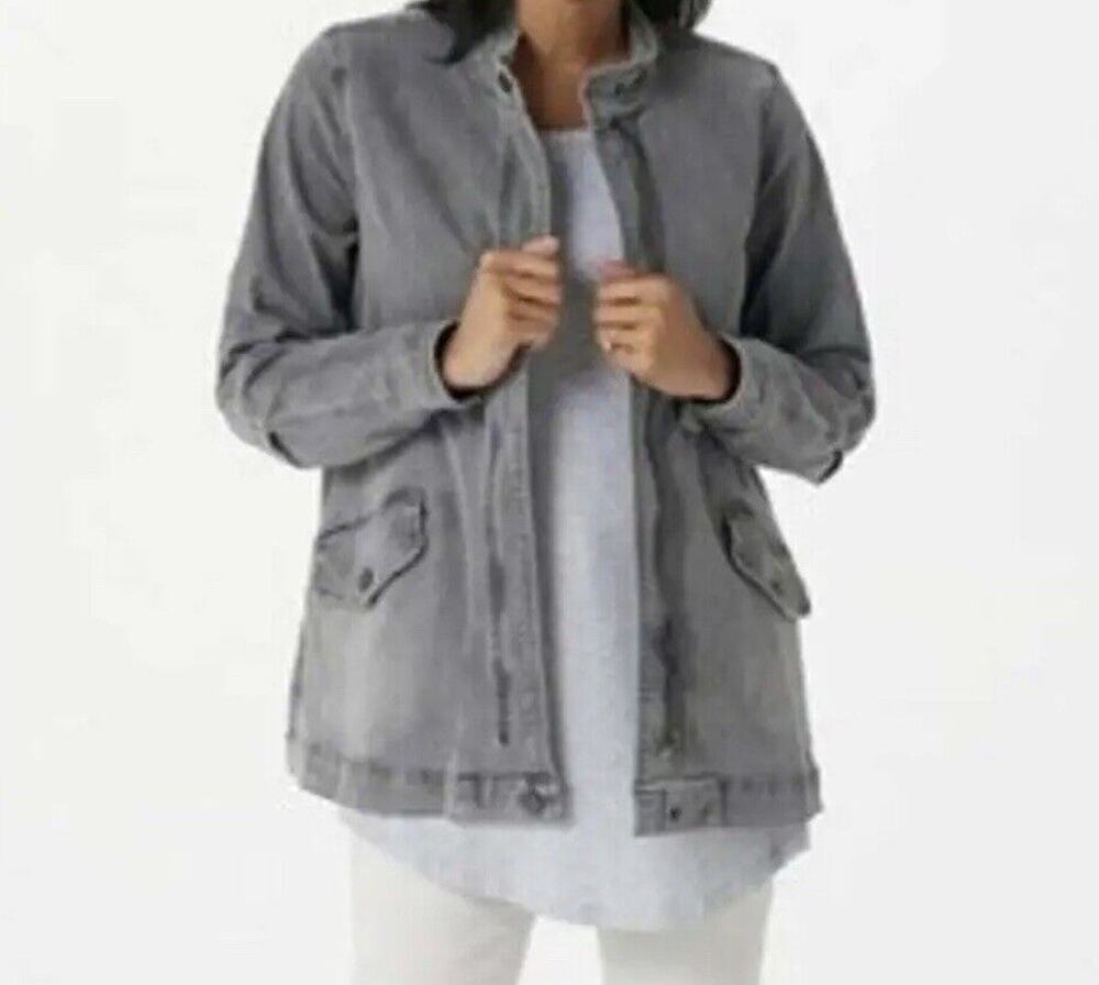 LOGO by Lori Goldstein Jacket Women Size 14 Zip Front Denim Grey Smoke Unlined